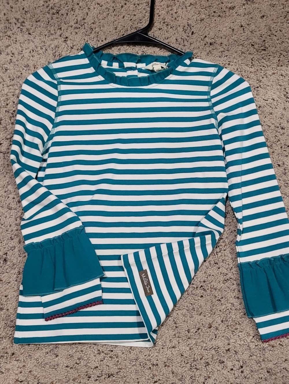 Matilda Jane Kids Teal & White Striped Ruffle-Sleeve Top And Leggings Set NWT - Picture 2 of 9